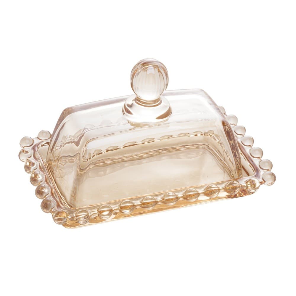 Manteigueira Média em Cristal C/Tampa Pearl Bolinha Âmbar 14x9x8cm Wolff