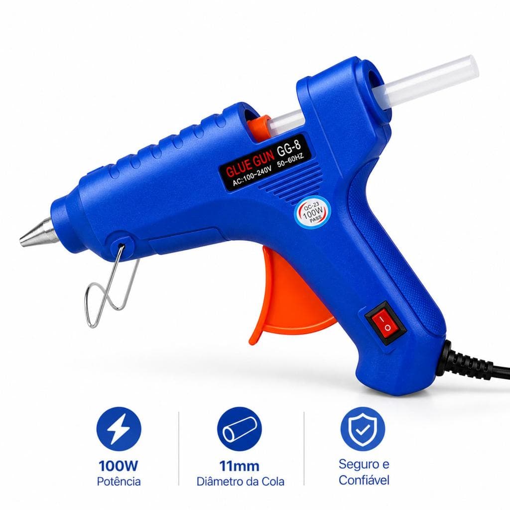 Pistola Cola Quente 100W Bivolt Bastão Grosso 11mm Bico Fino Removível Profissional