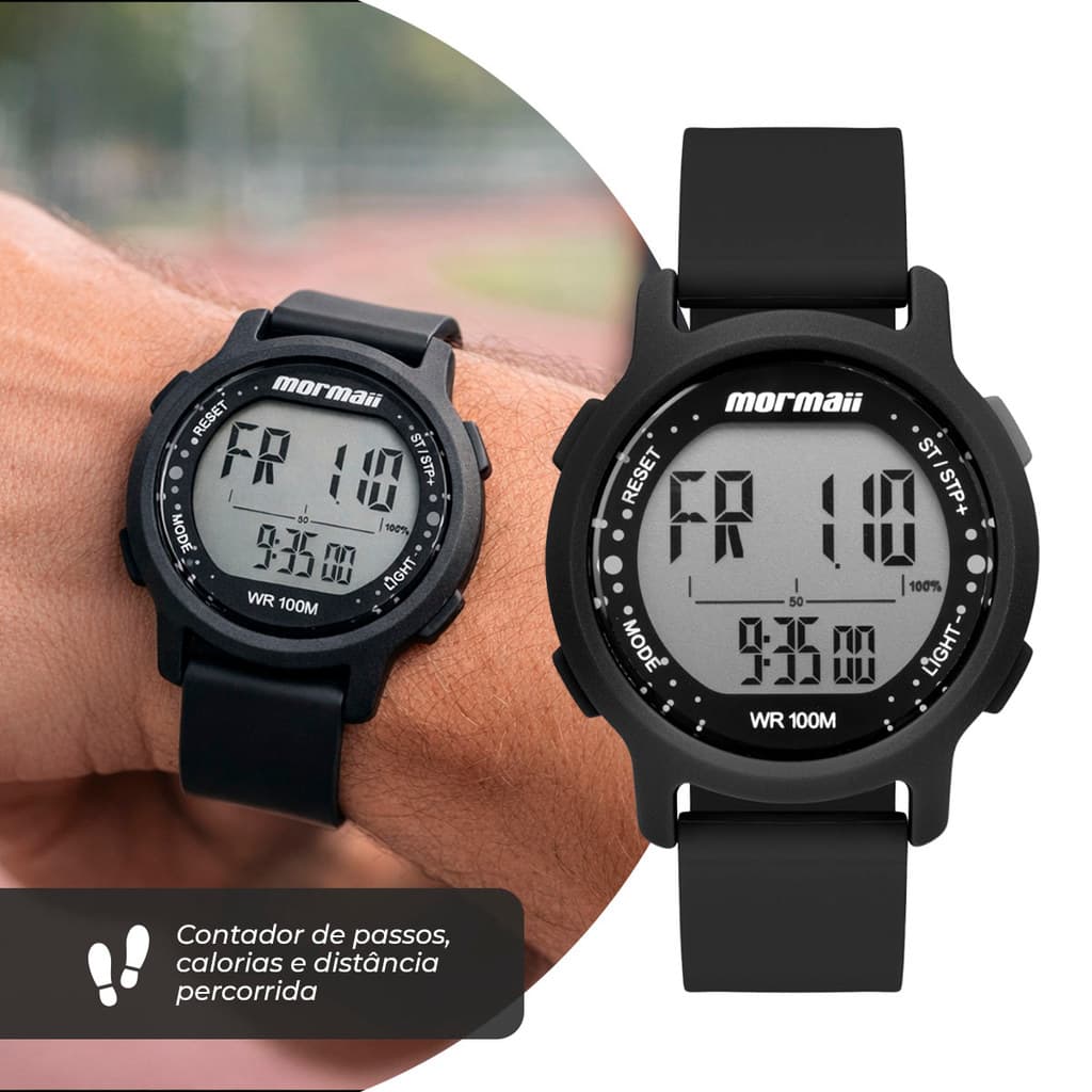 Relógio Masculino Digital com Caixa de Polímero e Pulseira de Silicone com Contador de Colorias e Distância Mormaii