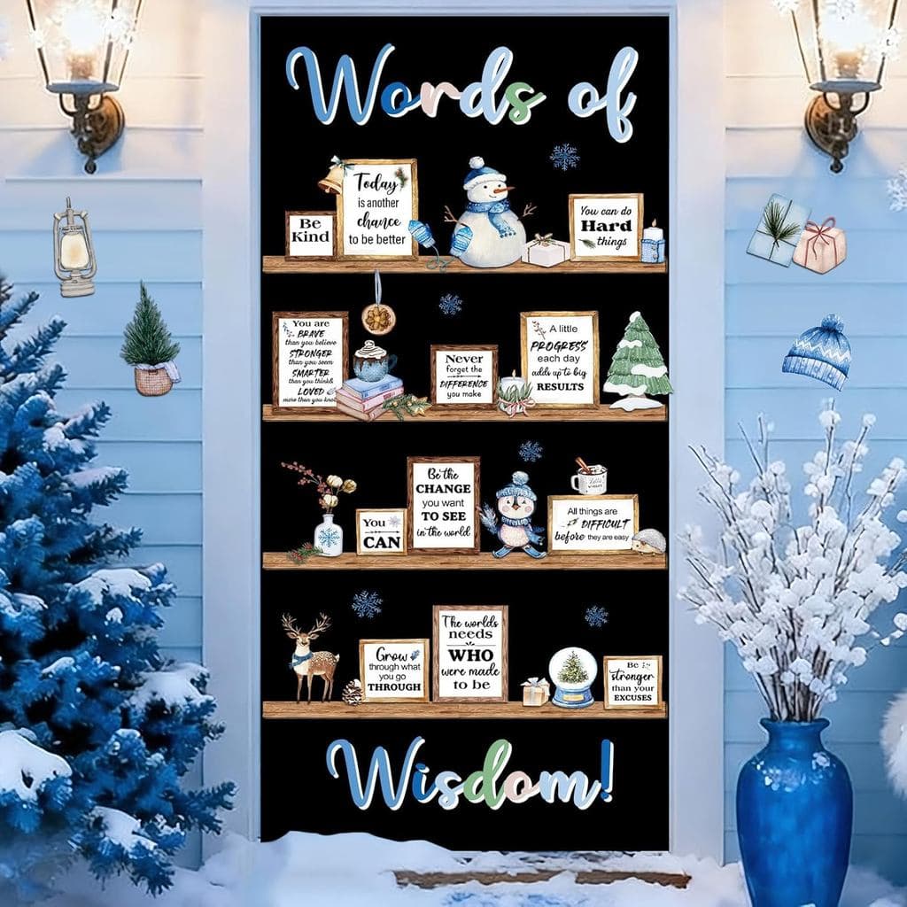 Conjunto de Decoração Motivacional para Porta de Sala de Aula com Citações de Inverno, Recortes de Flocos de Neve para D