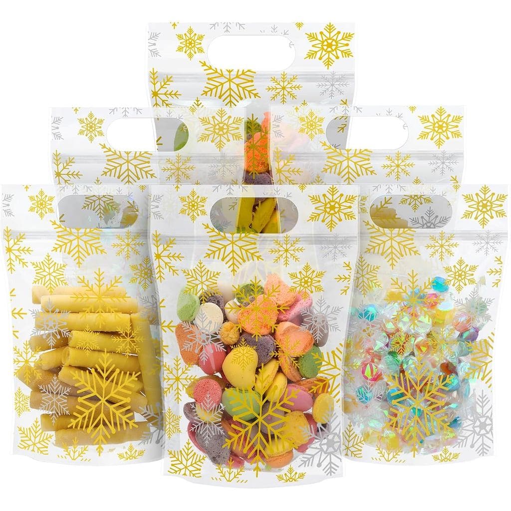 AmazingSpark 60 Peças de Sacos Reutilizáveis Dourados com Estampa de Floco de Neve para Doces, Sacos Plásticos Transpare