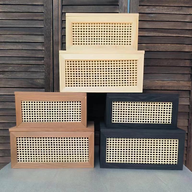 Cesta de armazenamento de mesa de vime retrô caixa de armazenamento de artigos diversos de madeira maciça com tampa brin