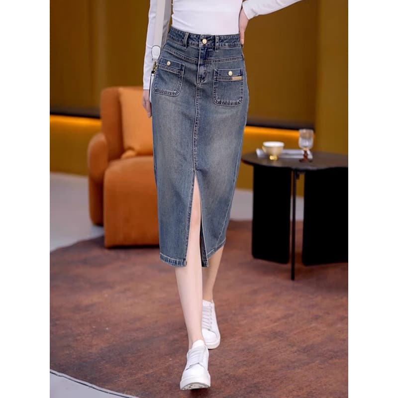 Saia jeans feminina 2025 primavera outono novo estilo cintura alta mais magro olhar saia de comprimento médio Retro divi