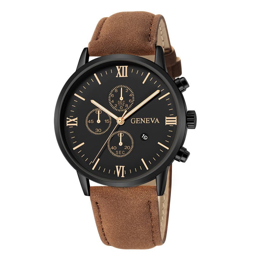 RELÓGIO GENEVA - Clássico com Pulseira em Couro Estilo Crazy Horse, para o Homem Moderno