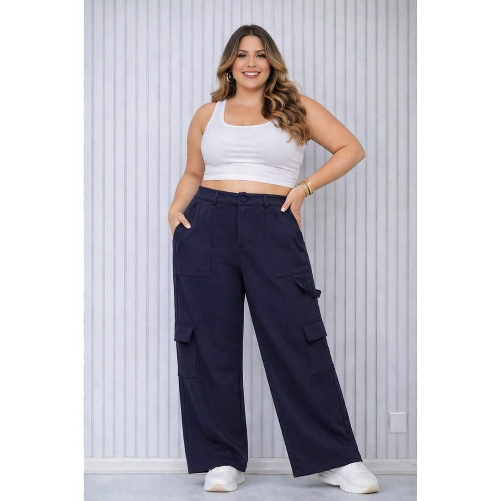 Calça Alfaiataria Social Feminina Pantalona Cargo Wide Leg Bolsos Cós Alto PLUS G1-G3