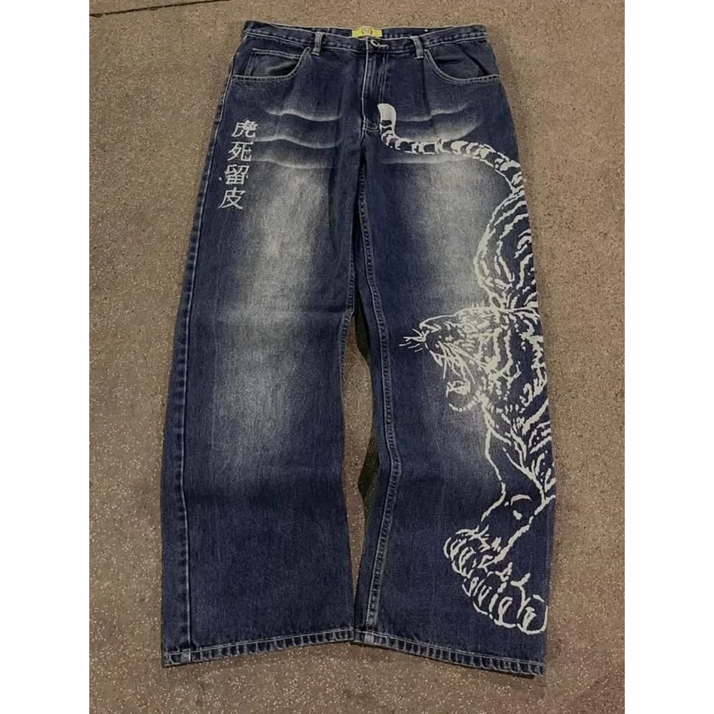 Y2K Retro Calças Americano Tigre Padrão Impressão De Perna Larga Oversized Unisex Punk Streetwear Jeans Soltos Masculino