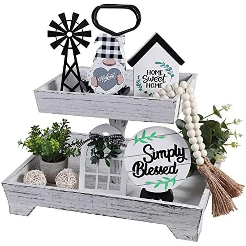 Eufrozy Conjunto De Decoração De Bandeja Em Camadas De Fazenda De 11 Peças , De Camada Rústica Com Enfeites De Gnomo Xad