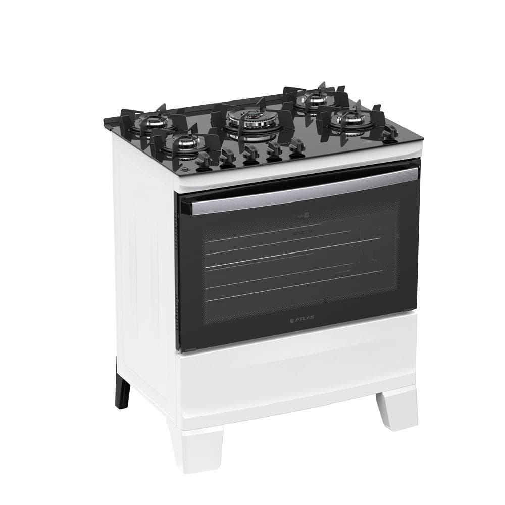 Fogão a Gás Atlas Agile Glass 5 Queimadores Mesa de Vidro Branco Tripla Chama Ignição Automática