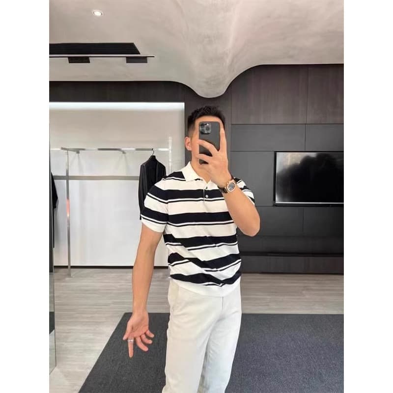 Verão novo estilo de manga curta masculino negócios Casual lapela camiseta preto branco listrado camisa Polo de malha Hi