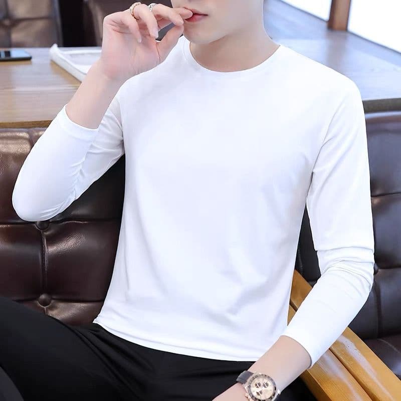 Camiseta de manga comprida masculina roupas de outono camisa de fundo branco 2025 novo estilo outono cor sólida topo mas