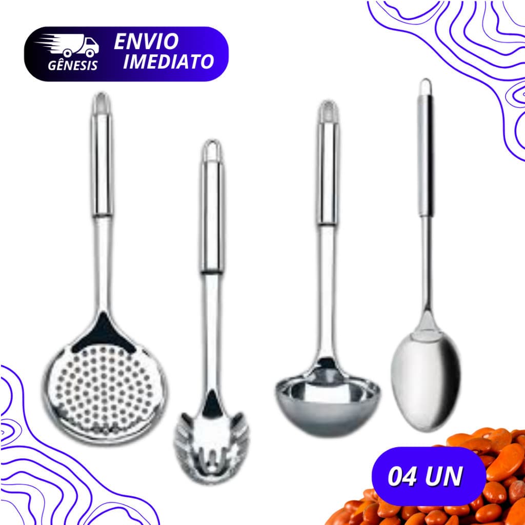 Kit 4 Utensílios em Aço INOX para Cozinha Concha Pegador de Massas Colher e Escumadeira Qualidade