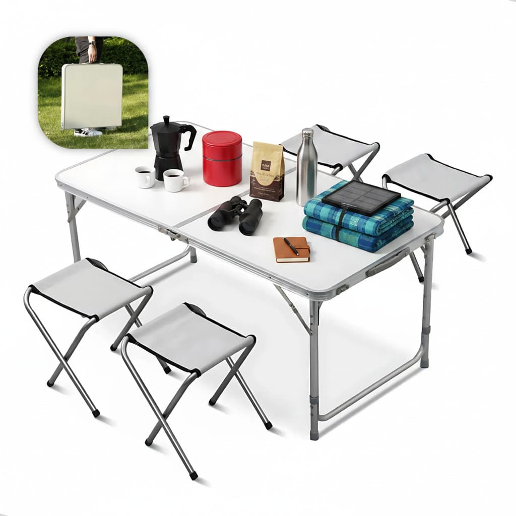 Mesa Dobrável Portátil 120x60 com 4 Cadeiras Vira Maleta Camping Praia Alumínio Leve Pesca
