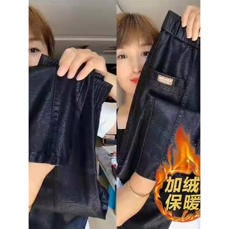 Produtos europeus moda mais magro olhar gravata-perna calças de couro do plutônio feminino 2025 primavera outono novo es