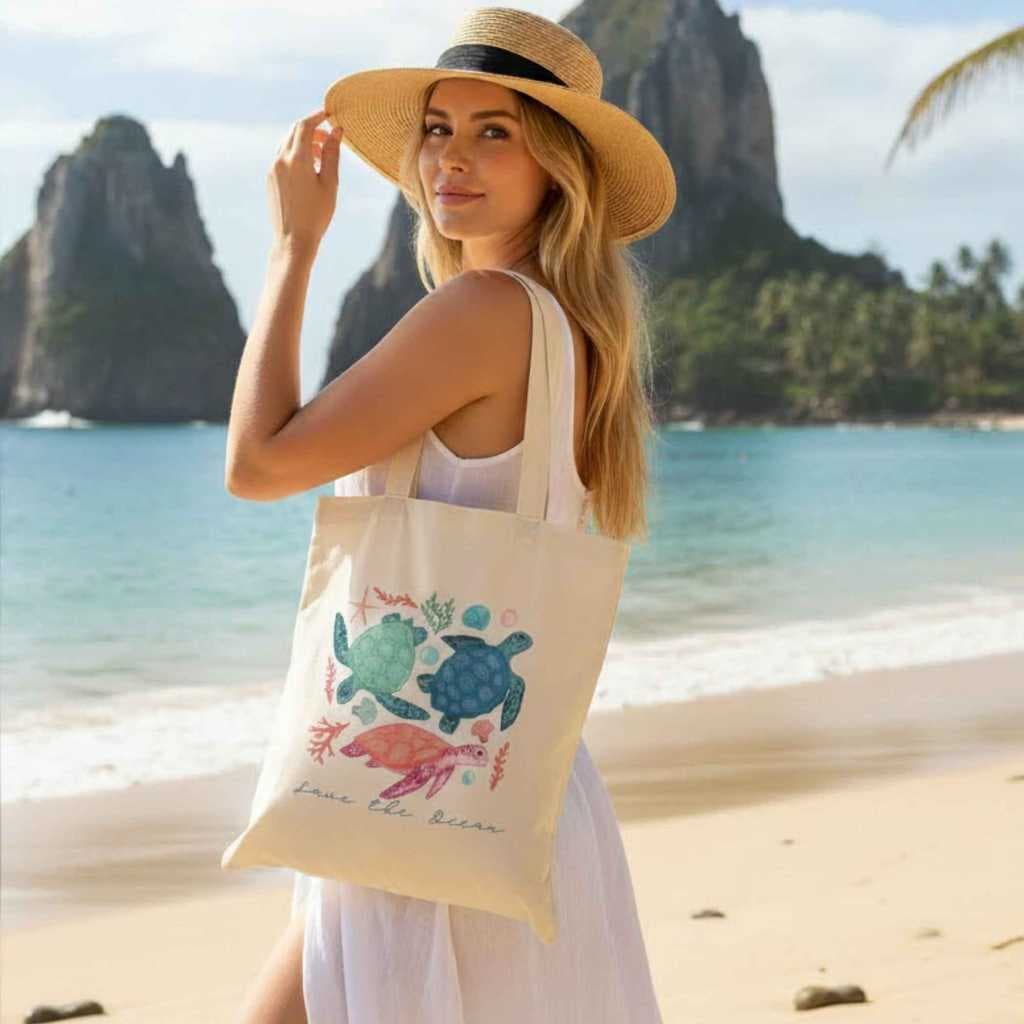 Bolsa Ecobag Sacola Ecológica Salve os Oceanos Tartaruga Brim Algodão