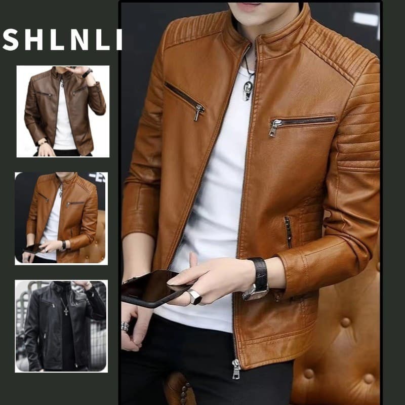 Jaqueta de Couro para Motociclistas Masculina ZJYI para Outono e Inverno, com Gola de Pelúcia, Fina e de Cor Sólida
