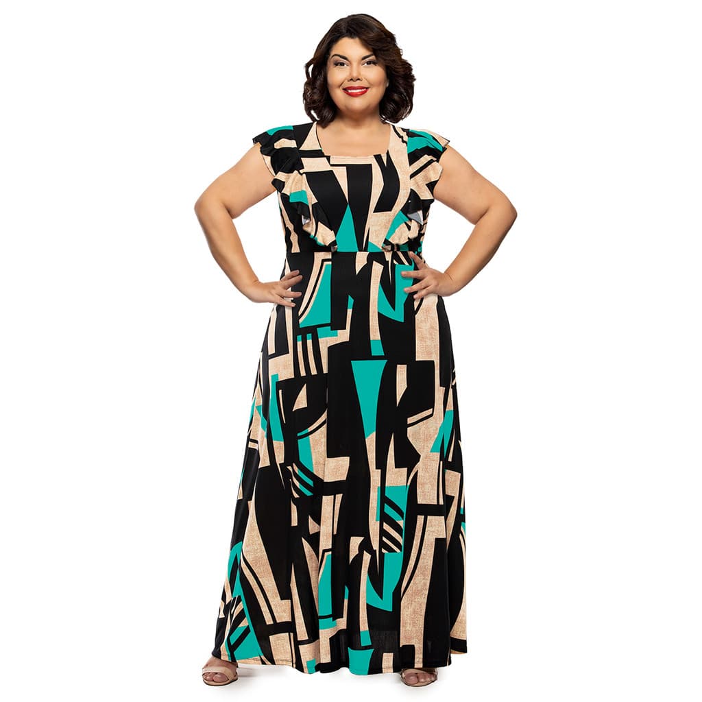 Vestido Longo com Babado na Manga  – Moda Plus Size