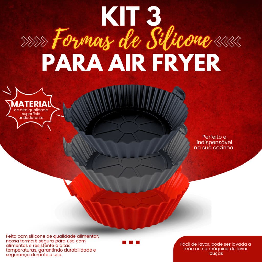 KIT 03 unidades Bandeja Forma Cesta De Silicone Para Airfryer 20,5x20,5x7 Quadrada REDONDA