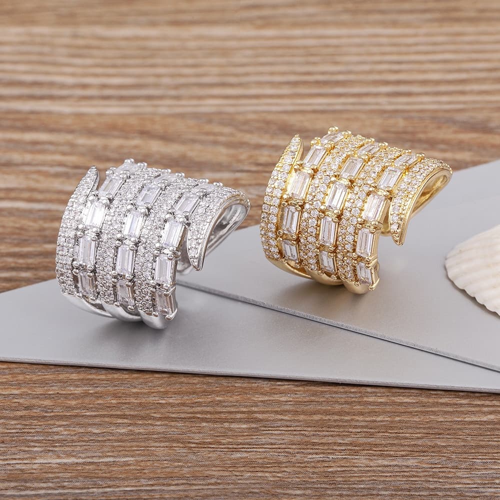 Anéis De Luxo Zircon Multicamadas Para Mulheres Jóias Ajustáveis Com Banho De Ouro Cristal
