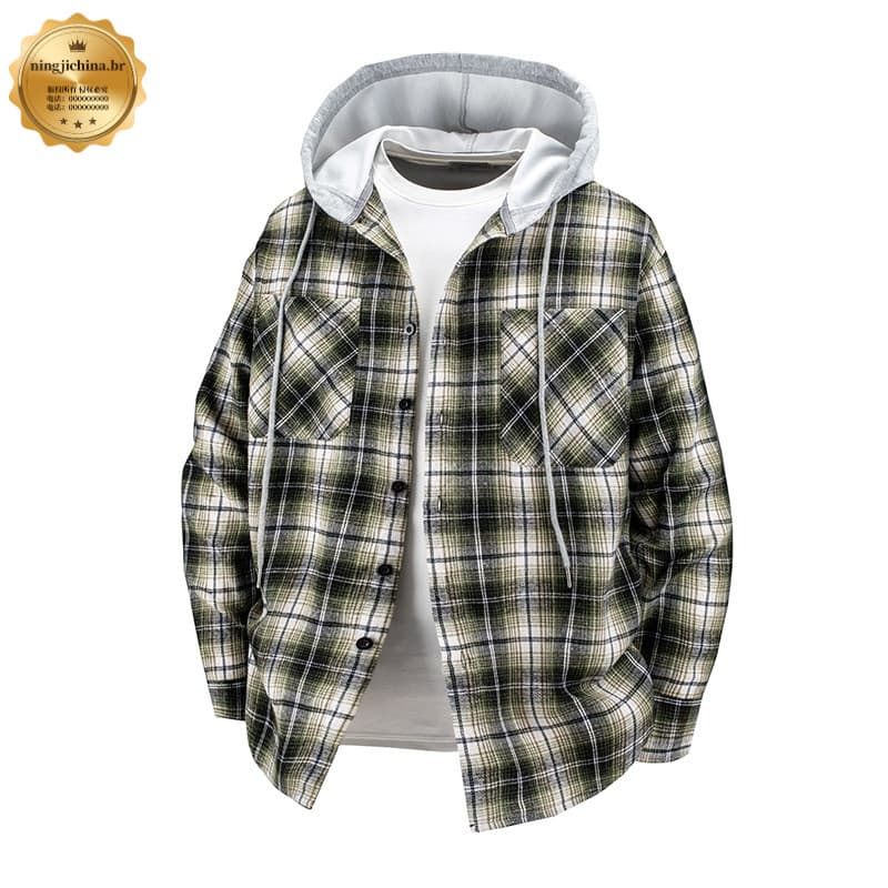Camisa masculina de manga comprida com capuz e estampa xadrez, estilo retrô de marca americana, camisa casual solta e de