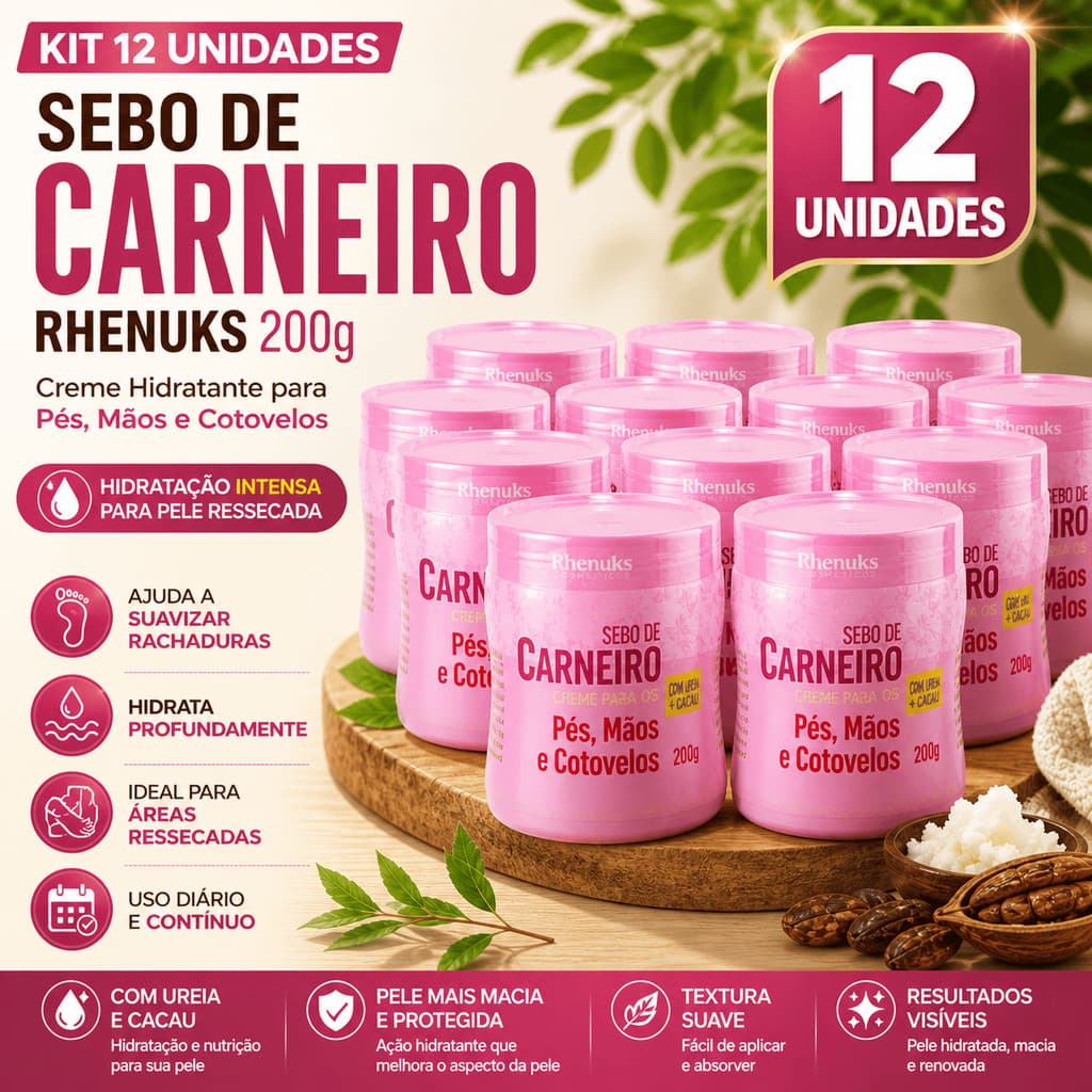 Caixa 12 Creme Sebo De Carneiro 200g Anti Rachaduras Pés Mãos e Cotovelos com Uréia e Cacau