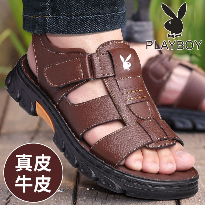 Playboy sandálias masculinas casuais sapatos de praia couro genuíno respirável chinelos de verão de sola grossa antiderr
