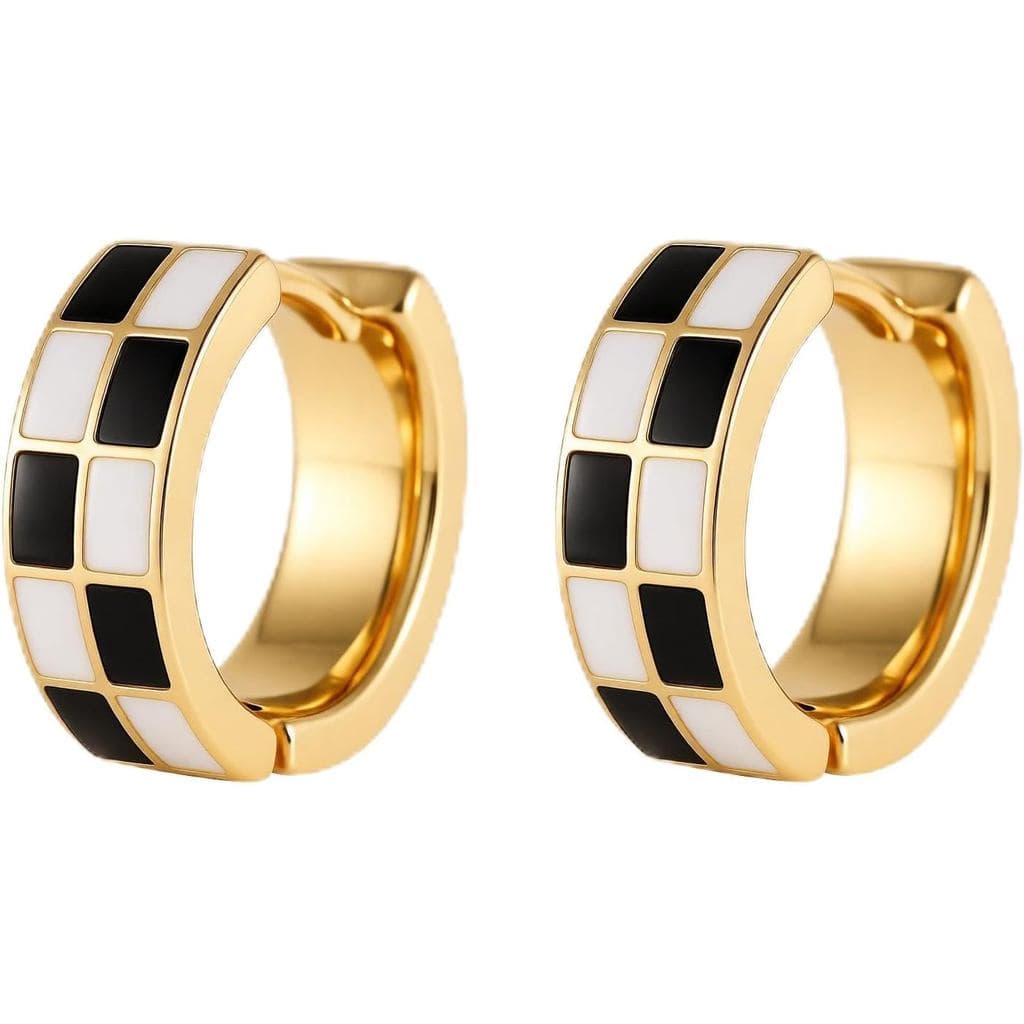 Brincos de Argola Pequenos Sriomu Chic Checker para Cartilagem, Brincos para Professoras, para Mulheres; Esmalte Branco