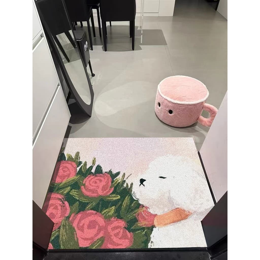 Novo estilo rosa filhote de cachorro seda círculo tapete de entrada pode ser cortado em forma especial tapete de entrada