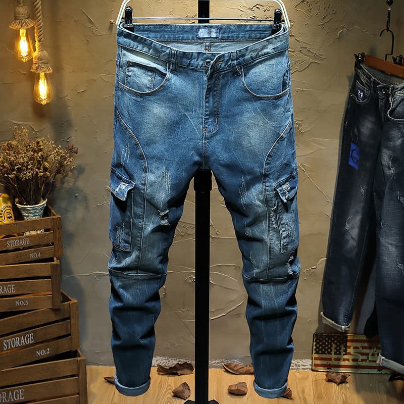 Primavera outono estilo Multi-bolso Jeans masculino solto fino-ajuste juventude Street Wear macacão meninos pés pequenos