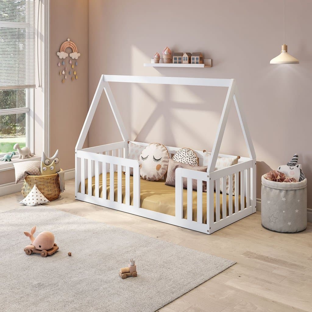 Mini Cama Montessoriana com Grade e Telhado Giulia Casatema MadeiraOriginals Branco Branco