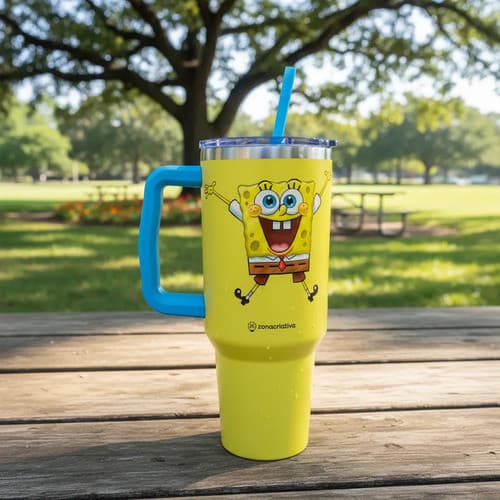 Canecão Térmico Tumbler 1,15lt Bob Esponja Com Pingente Amarelo Bob Esponja Nao vaza ideal para presente