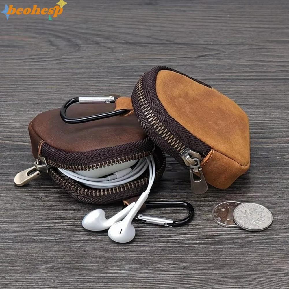Bolsa De Moedas BEOHESP , Couro Genuíno Com Zíper Pequena , Mini Para Fone De Ouvido