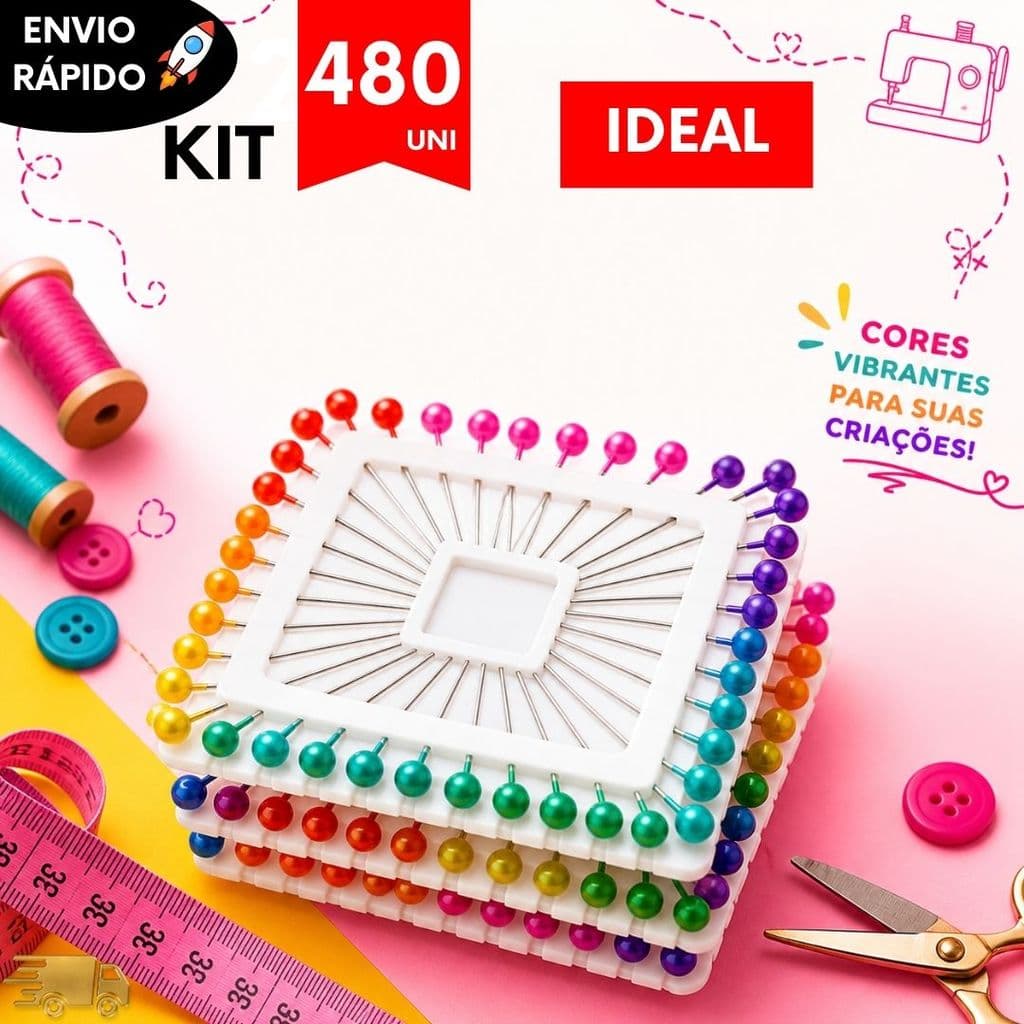 Jogo de Alfinetes Costura Artesanato Cabeça Colorida Com Disco Organizador Patchwork Multiuso 200 Unidades Linha Premium