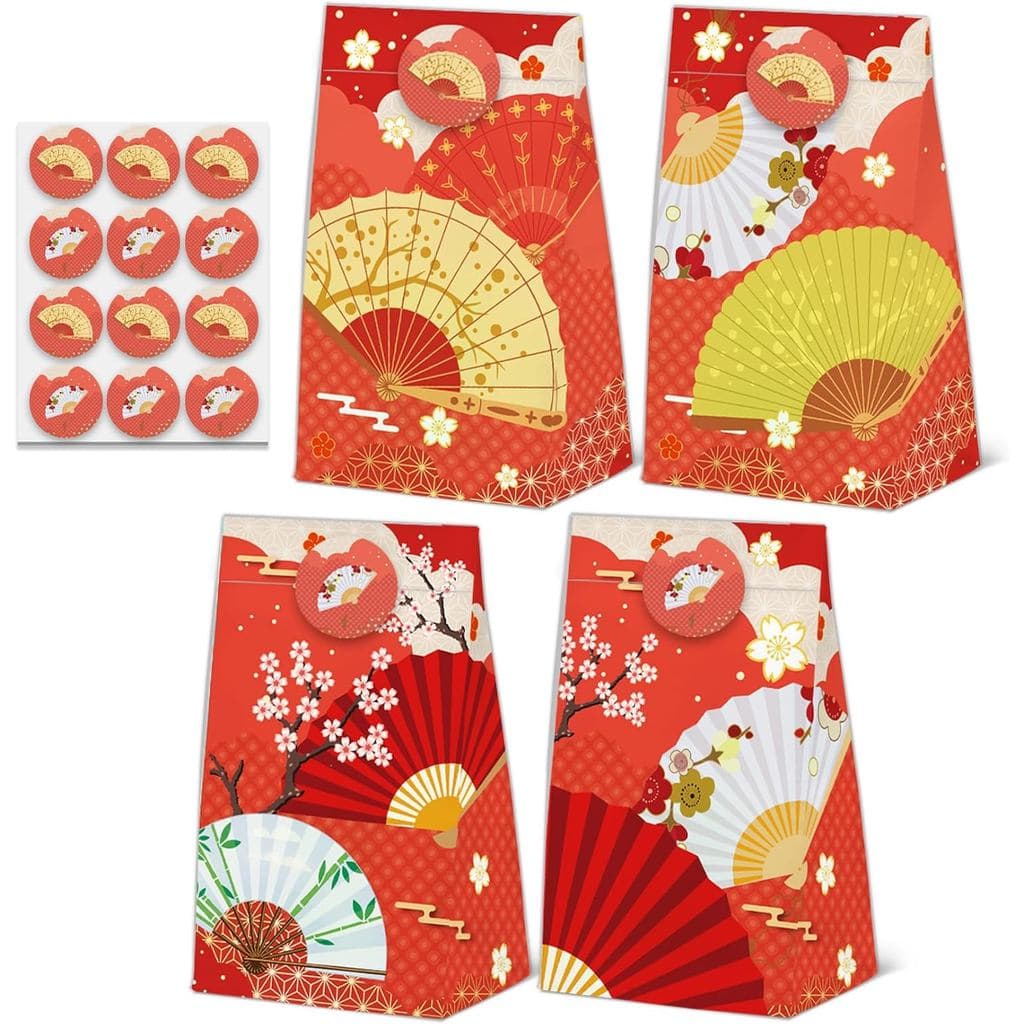 24 Pcs Folding Fans Goodie Bags with Stickers,Japanese Chinese Decorations Themed Birthday Party Favor Bags,Folding Fans