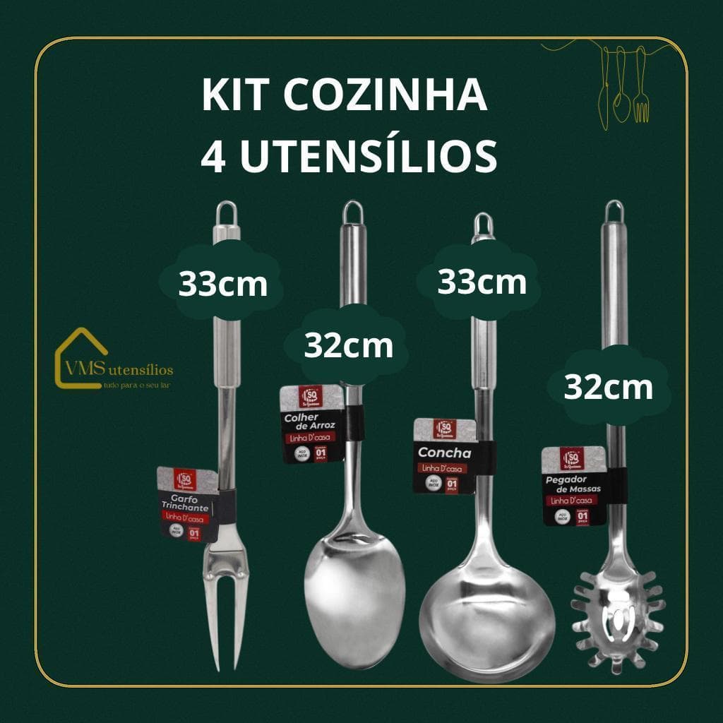 Kit 4 Peças Utensílios Para Cozinha em Inox Colheres Grandes Garfo Trinchante, Colher Arroz, Concha, Pegador de Macarrao