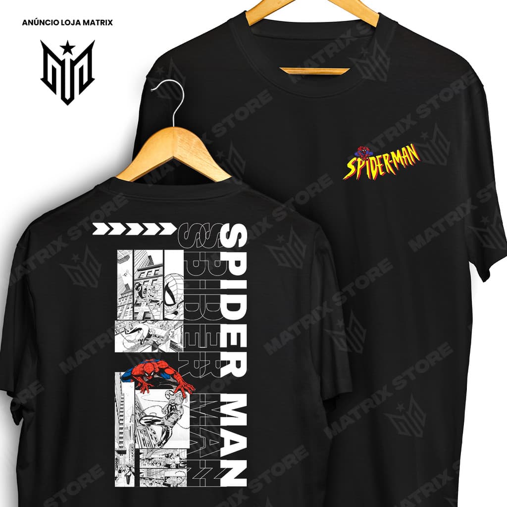 Camiseta Frente e Verso Spider Man Homem-Aranha Camisa de Filmes 100% Algodão