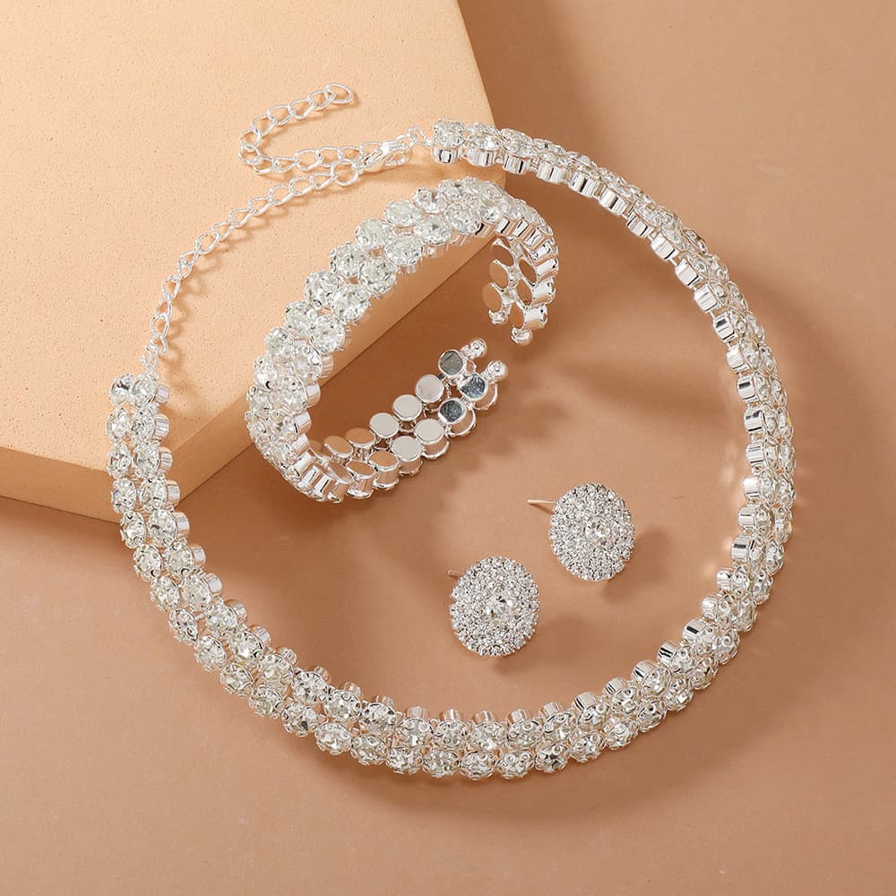 Conjunto de Noiva: Colar de Dupla Camada, Pulseira e Brincos, Conjunto de Três Peças, Corrente para Clavícula, Joias de