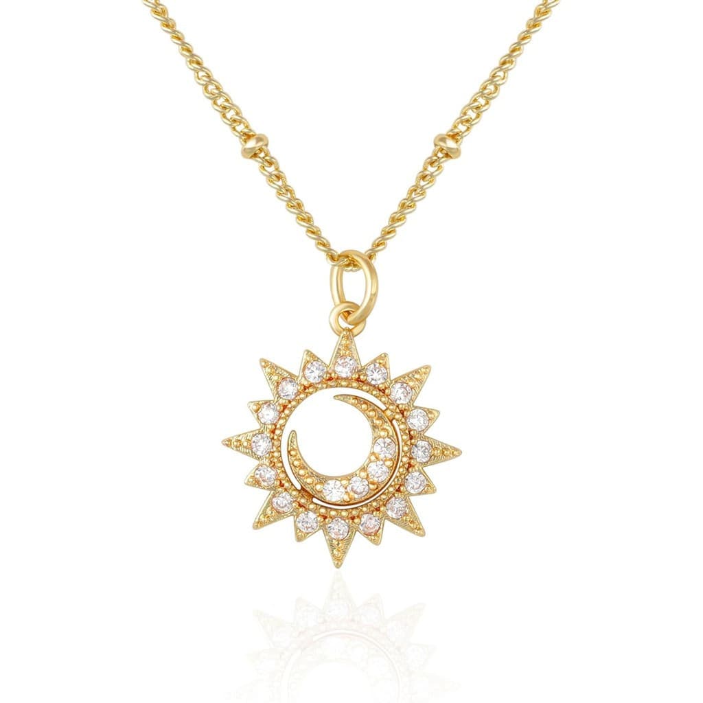 Colar com pingente de sol e lua em ouro 14K, colar feminino, hipoalergênico, leve, com corrente de 17,7 polegadas de com