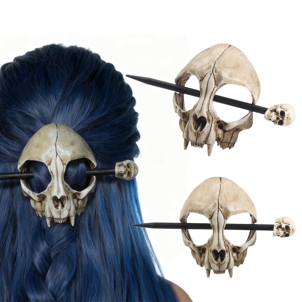 Presilha de Cabelo em Forma de Crânio de Gato com Cabo de Madeira – Acessório de Cabelo Gótico Durável para Mulheres, Pr