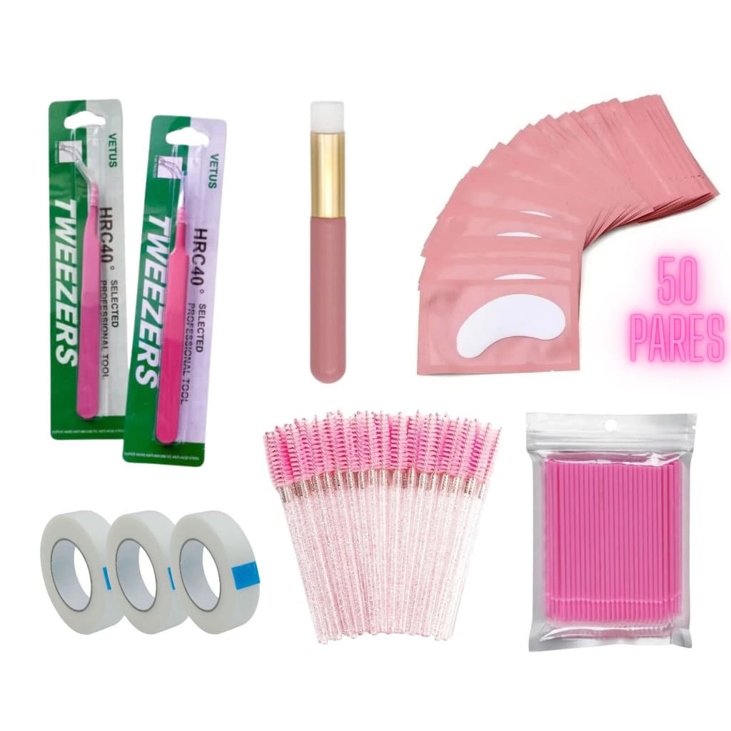 Kit Reposição Extensão de Cílios Escovinha Microbrush Pinça Reta e Curva Pad Gel
