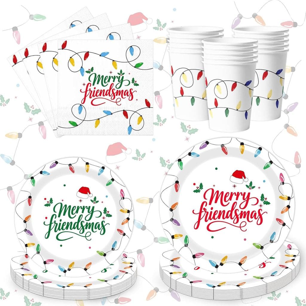 Conjunto de Utensílios de Mesa para o Natal "Merry Friendsmas" com 68 Peças, Inclui Pratos, Guardanapos e Copos para Dec