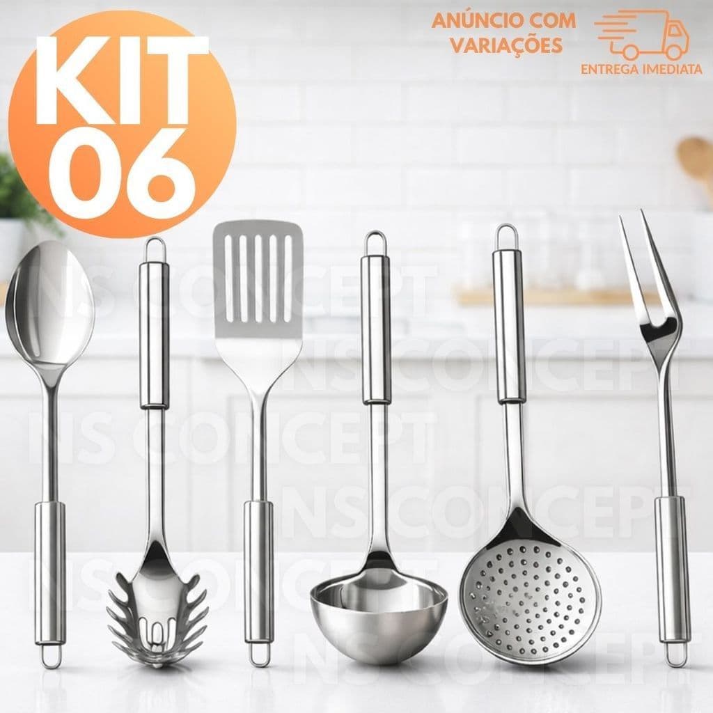 Kit 6 Utensílios de Cozinha Inox Escumadeira Concha Colher Arroz Pegador Espátula Vazada Garfo Trinchante Leia Variação