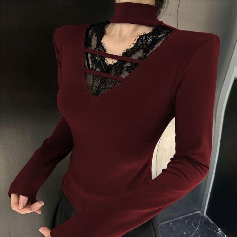 Design francês sentir alemão com decote em V camisa de fundo feminina outono inverno novo estilo plissado falso de duas