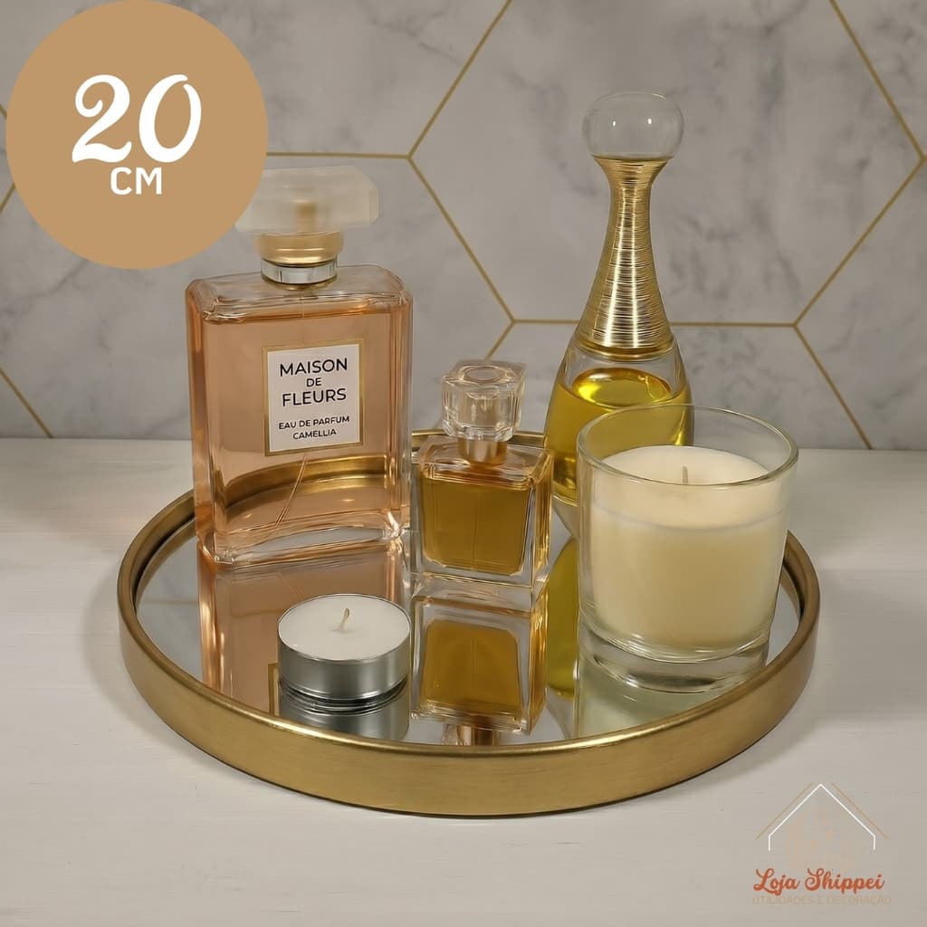 Bandeja Decorativa Espelhada Redonda 20CM Multiuso Organizadora Preta Dourada