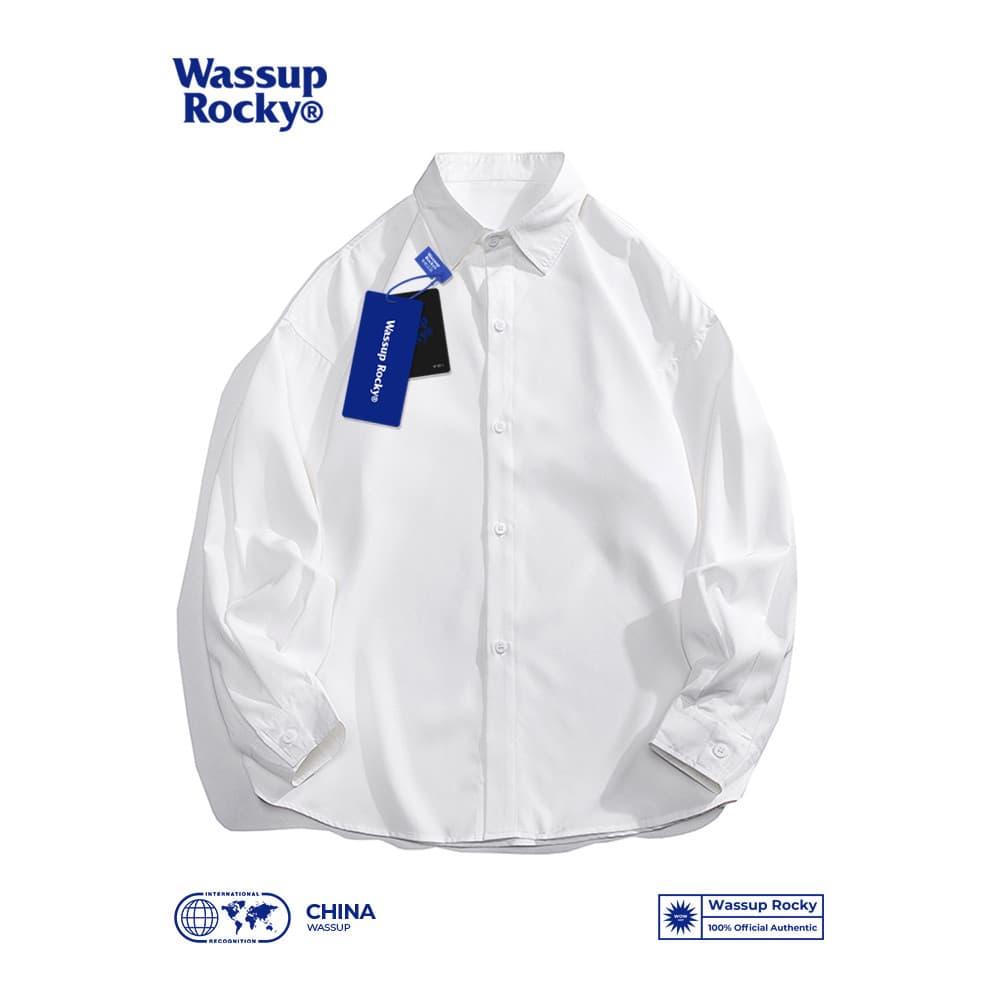 WASSUP Primavera Outono Premium Camisa Branca Homens Estudante Campus Cor Sólida Lapela Casual Solto Forro Interno Roupa
