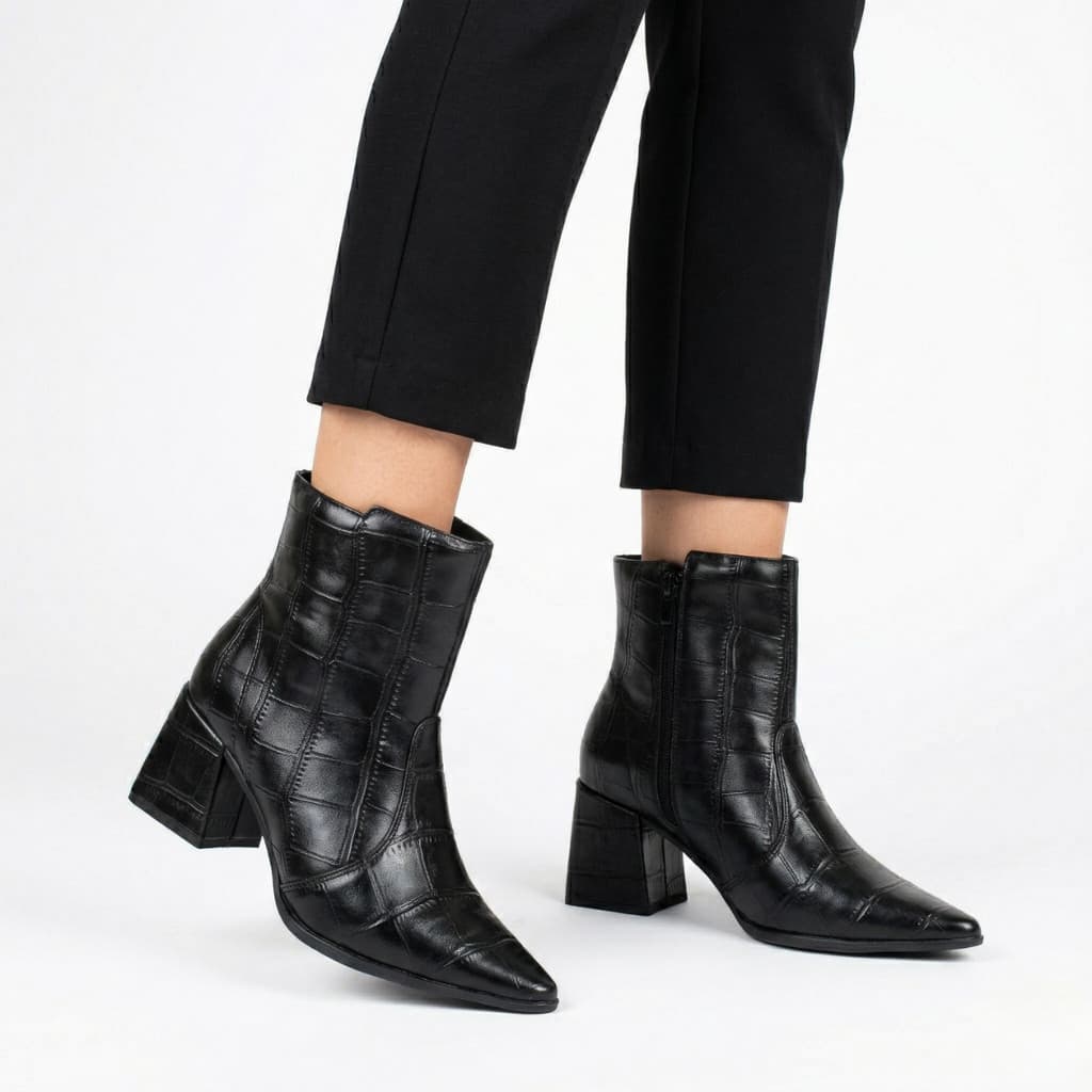 Bota Feminina Croco Cano Baixo Macia Salto Médio Bico Fino Moderna Ref 1403