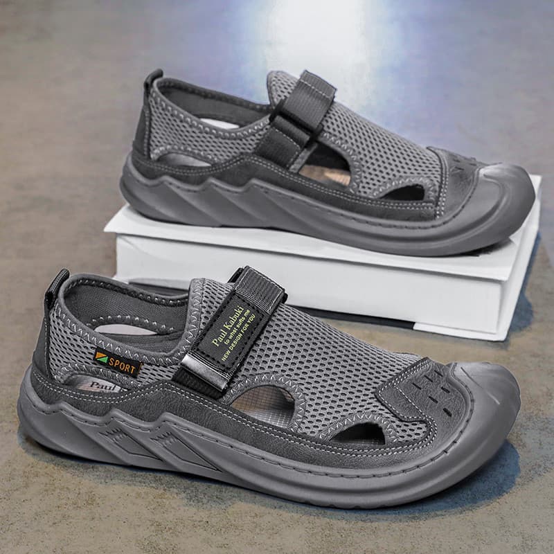 Sandálias masculinas Baotou sandálias 2026 couro genuíno malha Casual sapatos de praia malha respirável sola macia burac