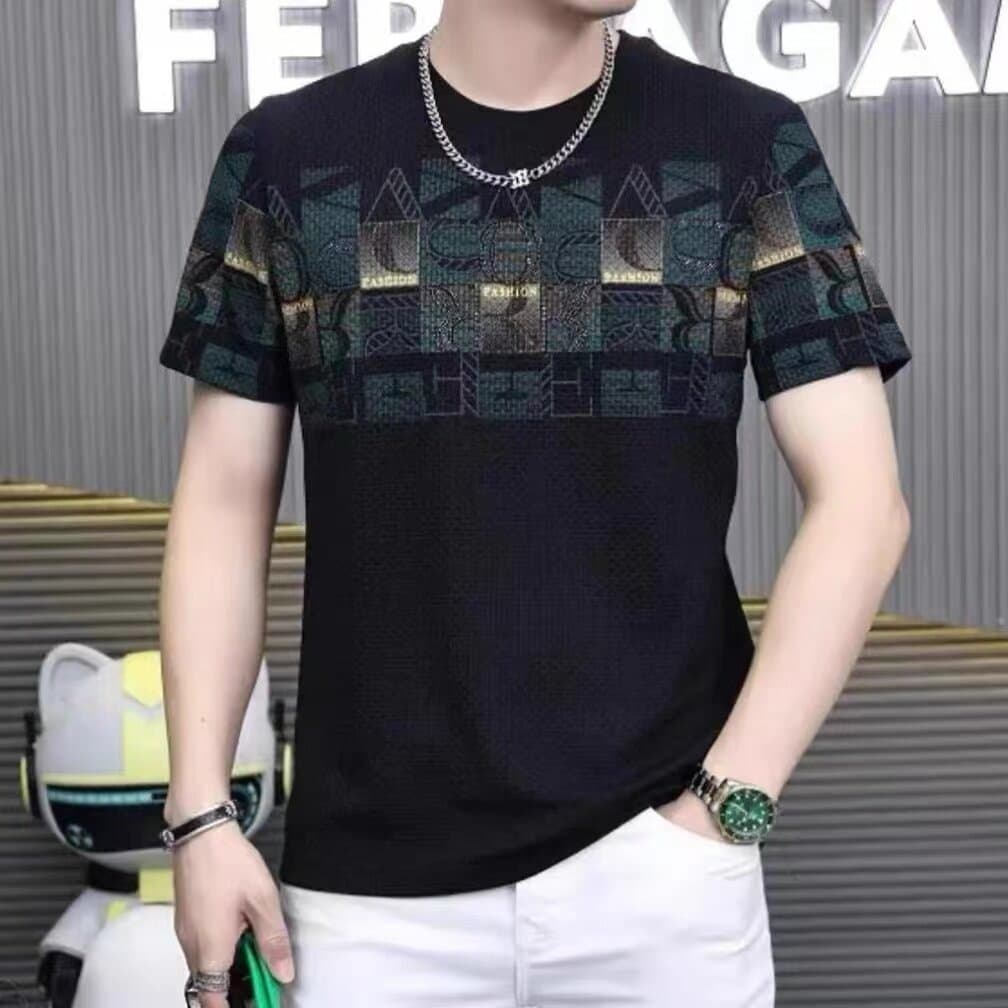 Verão gelo seda de manga curta camiseta masculina na moda juventude novo estilo Casual impresso solto camiseta metade-