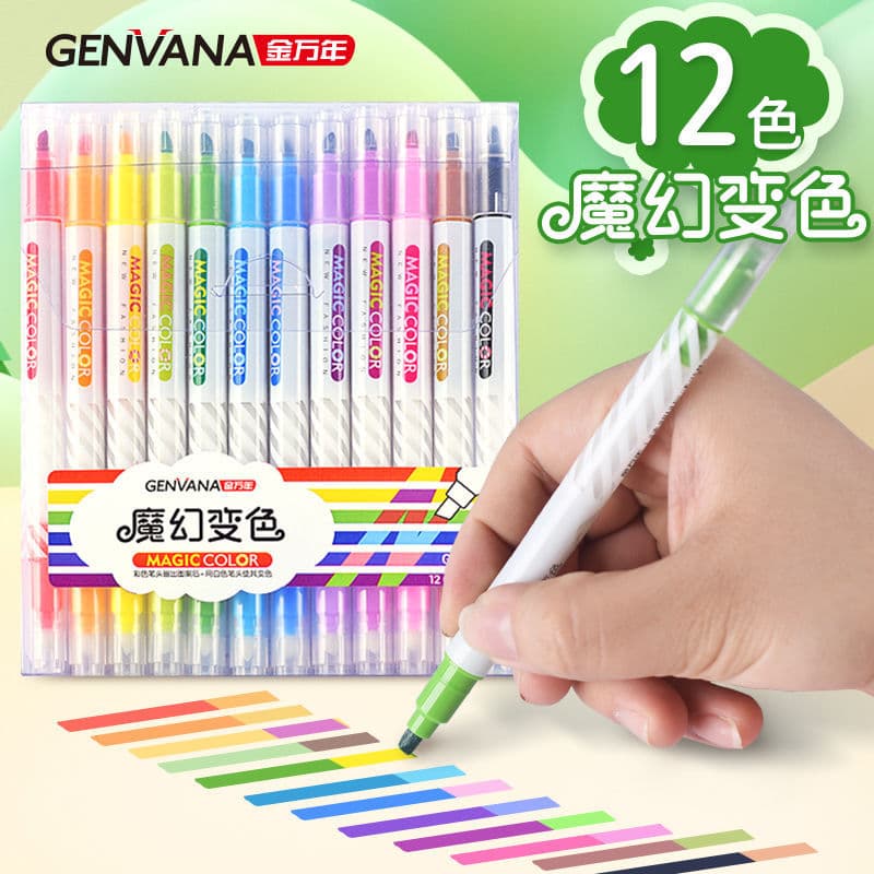 Douyin Caneta mágica que muda de cor do mesmo estilo 12 cores Marcador de duas cabeças Versão coreana Influenciador engr