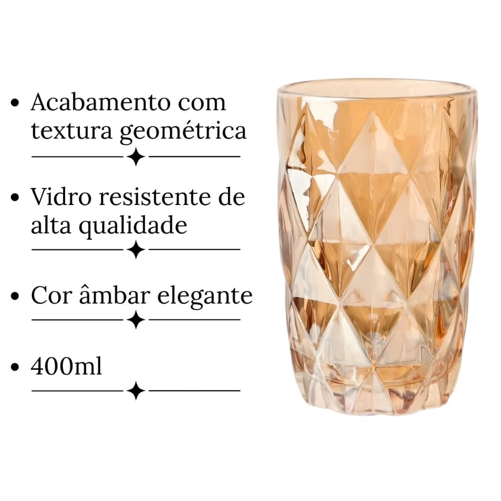 Jogo com 6 Copos de Vidro 400ml Âmbar Diamond
