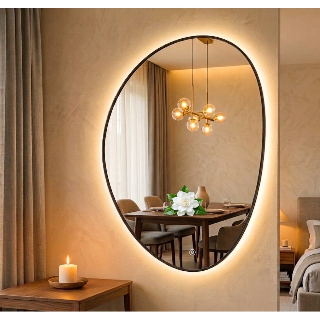 Espelho Orgânico Decorativo 70x50 cm | Design Moderno com Borda Preta ou natural borda infinita - Led e botão touch.  Es